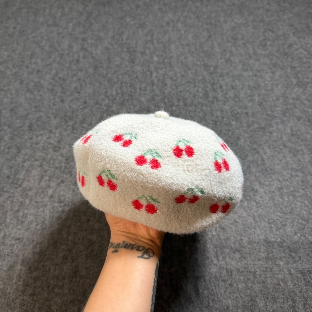Maeve by Anthropologie Cherry Knit Beret Hat Blue Red Adjustable One Size